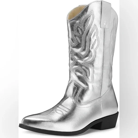 MYSOFT Silver Mid Calf Cowboy Boots Sz 7.5 - Picture 2 of 10